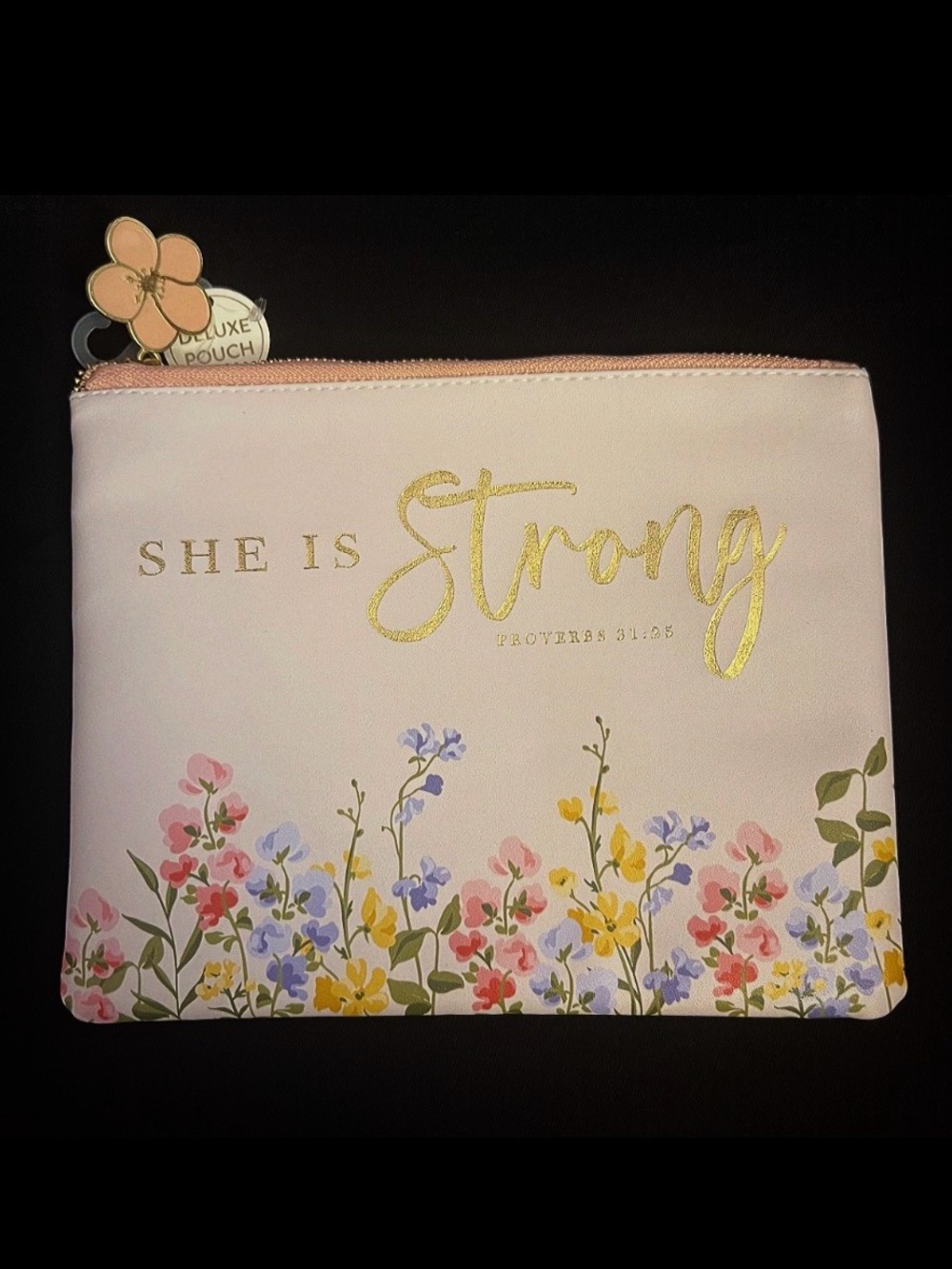 Proverbs 31:25 She Is Strong Floral Zip Pouch - Cream - Picture 1 of 4